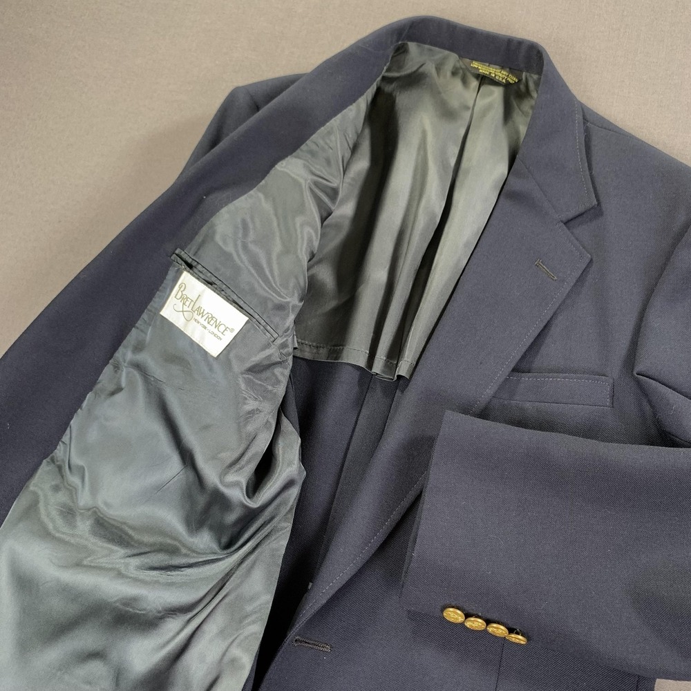 VTG Bret Lawrence Blazer Mens 44R Navy Blue 2 Button Gold Buttons Sport Coat USA